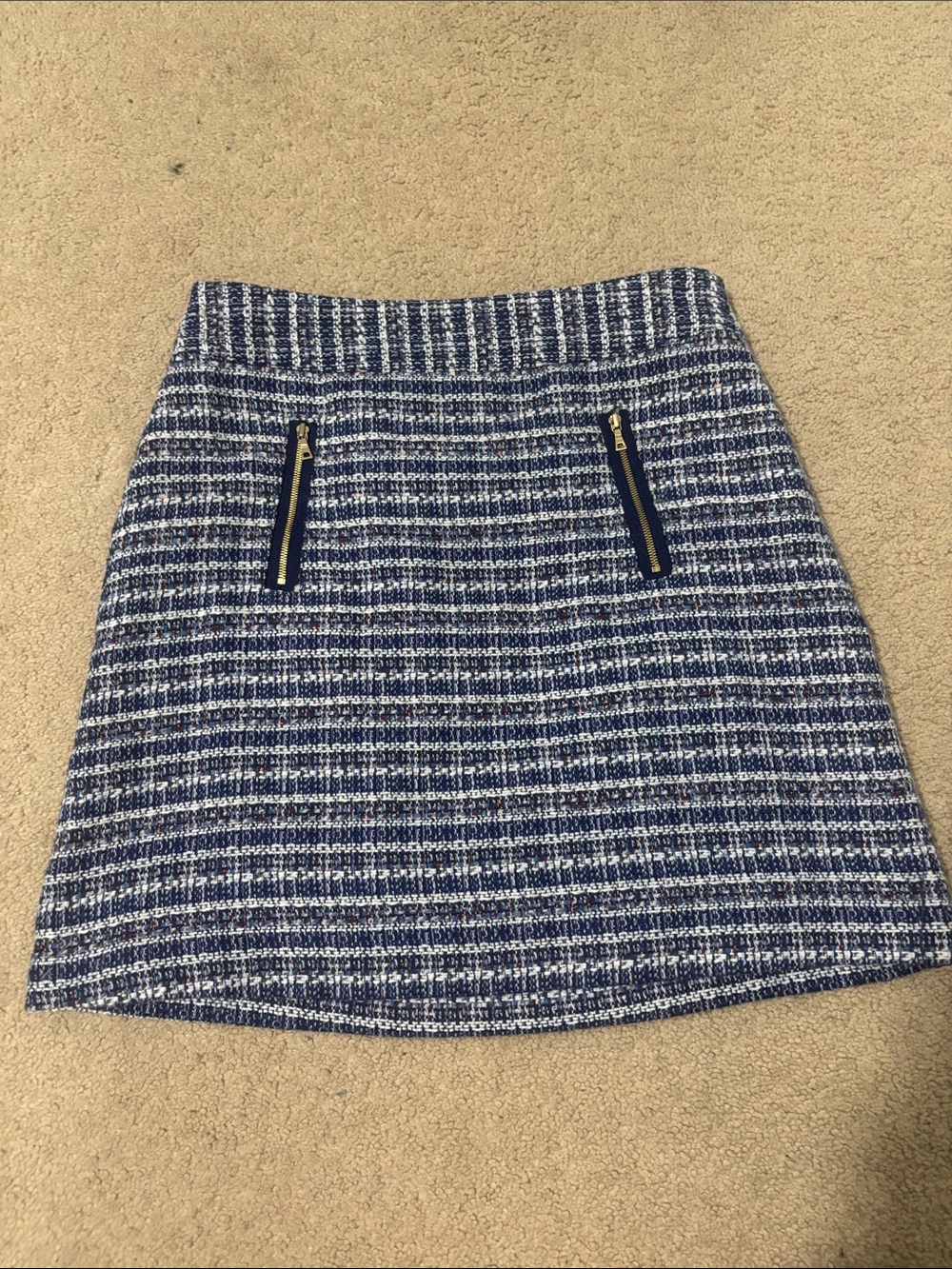LOFT Navy and White Tweed Mini Skirt with Zip Accents